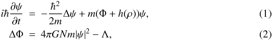Mathematical equation: \begin{eqnarray} \label{gpp1} i\hbar \frac{\partial\psi}{\partial t}&=&-\frac{\hbar^2}{2m}\Delta\psi+m(\Phi+h(\rho))\psi, \\ \label{gpp2} \Delta\Phi&=&4\pi G Nm |\psi|^2-\Lambda, \end{eqnarray}