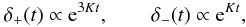 Mathematical equation: \begin{eqnarray} \label{tl12} \delta_{+}(t) \propto {\rm e}^{3Kt},\qquad \delta_{-}(t) \propto {\rm e}^{Kt}, \end{eqnarray}
