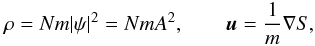 Mathematical equation: \begin{equation} \label{gpp3} \rho=Nm|\psi|^2=NmA^2, \qquad {\vec u}=\frac{1}{m}\nabla S, \end{equation}