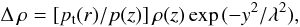 Mathematical equation: \begin{equation} \Delta\,\rho=[p_{\rm t}(r)/p(z)]\,\rho(z)\,{\rm exp}\,(-y^2/\lambda^2), \end{equation}