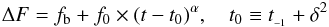 Mathematical equation: \begin{equation} \Delta F = f_{\rm b} + f_0 \times (t-t_0)^{\alpha},\quad t_0 \equiv t_{_{-1}} + \delta^2 \label{eq.fixed_t0} \end{equation}