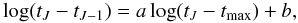 Mathematical equation: \begin{equation} \log (t_J - t_{J-1}) = a\log (t_J-t_{\rm max}) + b, \end{equation}