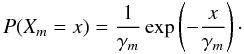 Mathematical equation: \appendix \setcounter{section}{1} \begin{equation} P(X_m = x) = \frac{1}{\gamma_m}\exp \left(-\frac{x}{\gamma_m} \right)\cdot \end{equation}