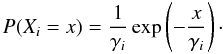 Mathematical equation: \appendix \setcounter{section}{1} \begin{equation} P(X_i = x) = \frac{1}{\gamma_i}\exp \left(-\frac{x}{\gamma_i} \right)\cdot \end{equation}