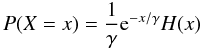 Mathematical equation: \begin{equation} P(X=x) = \frac{1}{\gamma} {\rm e}^{-x/\gamma } H(x) \label{exponentialphoton} \end{equation}
