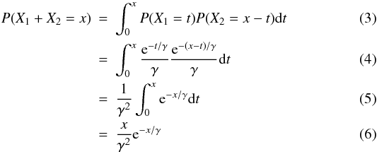 Mathematical equation: \begin{eqnarray} P(X_1+X_2=x) & = & \int_{0}^{x} P(X_1=t)P(X_2=x-t){\rm d}t \\ & = & \int_{0}^{x} \frac{{\rm e}^{-t/\gamma}}{\gamma} \frac{{\rm e}^{-(x -t)/\gamma}}{\gamma} {\rm d}t \\ & = & \frac{1}{\gamma^2} \int_{0}^{x} {\rm e}^{-x/\gamma} {\rm d}t \\ & =& \frac{x}{\gamma^2} {\rm e}^{-x/\gamma} \end{eqnarray}
