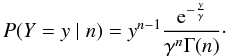 Mathematical equation: \begin{equation} \label{eq:ProbPlot} P(Y=y \mid n) = y^{n-1} \frac{{\rm e}^{ -\frac{y}{\gamma} } }{\gamma^{n} \Gamma (n)}\cdot \end{equation}