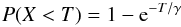 Mathematical equation: \begin{equation} P(X<T) = 1-{\rm e}^{-T/ \gamma } \end{equation}