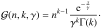 Mathematical equation: \begin{equation} \mathcal{G}(n,k,\gamma) = n^{k-1} \frac{{\rm e}^{ -\frac{x}{\gamma} } }{\gamma^{k} \Gamma (k) }\cdot \end{equation}