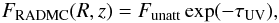 Mathematical equation: \begin{equation} \label{eq:fradmc} F\q{RADMC}(R,z) = F\q{unatt} \exp(-\tauuv) , \end{equation}
