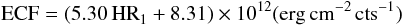 Mathematical equation: $$ {\rm ECF = (5.30\, HR}_1 + 8.31) \times 10^{12} ({\rm erg\,cm^{-2}\,cts^{-1}}) $$