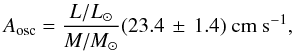 Mathematical equation: \begin{equation} A_{\mathrm{osc}} = \frac{L/L_\odot}{M/M_\odot} (23.4 \,\pm\, 1.4) ~ \mbox{cm s}^{-1}, \end{equation}
