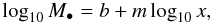 Mathematical equation: \begin{equation} \log_{10}M_{\bullet} = b+m \log_{10}x, \label{Eq_01} \end{equation}