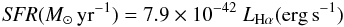 Mathematical equation: \begin{equation} {\it SFR}(\msun\,{\rm yr}^{-1}) =7.9 \times 10^{-42}~\lha ({\rm erg\,s}^{-1}) \end{equation}