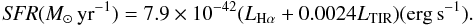 Mathematical equation: \begin{equation} {\it SFR}(\msun\, {\rm yr}^{-1}) =7.9 \times 10^{-42} (\lha+0.0024\ltir) ({\rm erg\,s}^{-1}). \end{equation}