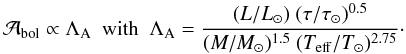 Mathematical equation: \begin{equation} \label{amplKB} \abol \propto {\xAKB} \hbox{ \ with \ } {\xAKB} ={(L/L_\odot) \ (\tauosc / \tau_\odot)^{0.5} \over (M/M_\odot)^{1.5} \ (\Teff / T_\odot)^{2.75}} \cdot \end{equation}