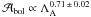 Mathematical equation: \hbox{$\abol \propto \xAKB^{0.71\,\pm\,0.02}$}