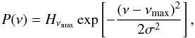 Mathematical equation: \begin{equation} P (\nu) = \Hmax \exp\left[-{(\nu-\numax)^2\over 2 \sigma^2} \right] , \label{bosse} \end{equation}