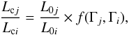 Mathematical equation: \begin{equation} \frac{L_{{\rm c}j}}{L_{{\rm c}i}}=\frac{L_{0j}}{L_{0i}}\times f(\Gamma_{j},\Gamma_{i}), \end{equation}