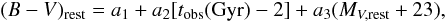 Mathematical equation: \begin{equation} (B-V)_{\rm rest}=a_1+a_2[t_{\rm obs}({\rm Gyr})-2] +a_3(M_{V,{\rm rest}}+23), \label{bmv2fit} \end{equation}