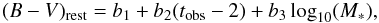 Mathematical equation: \begin{equation} (B-V)_{\rm rest}=b_1+b_2(t_{\rm obs}-2) +b_3\log_{10}(M_*), \end{equation}