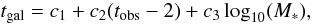 Mathematical equation: \begin{equation} t_{\rm gal}=c_1+c_2(t_{\rm obs}-2) +c_3\log_{10}(M_*), \end{equation}