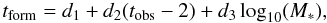 Mathematical equation: \begin{equation} t_{\rm form}=d_1+d_2(t_{\rm obs}-2)+ d_3\log_{10}(M_*), \end{equation}