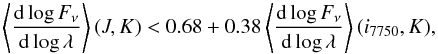 Mathematical equation: \begin{equation} \left \langle \frac{{\rm d}\log F_\nu }{{\rm d}\log \lambda }\right \rangle (J,K)<0.68+0.38 \left \langle \frac{{\rm d}\log F_\nu }{{\rm d}\log \lambda }\right \rangle (i_{7750},K), \end{equation}
