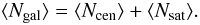 Mathematical equation: \begin{equation} \langle N_{\rm gal}\rangle =\langle N_{\rm cen}\rangle+\langle N_{\rm sat}\rangle. \end{equation}
