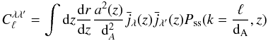 Mathematical equation: \begin{equation} C_\ell^{\lambda\lambda'} = \int{{\rm d}z\frac{{\rm d}r}{{\rm d}z}\frac{a^2(z)}{{\rm d}_A^2}\bar{j}_{\lambda}(z)\bar{j}_{\lambda'}(z)P_{\rm ss}(k=\frac{\ell}{{\rm d}_{\rm A}},z)} \label{eq:cl} \end{equation}