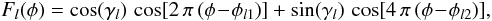 Mathematical equation: \begin{equation} \label{PCAF} F_l(\phi)=\cos(\gamma_l)\,\cos[2\,\pi\,(\phi\!-\!\phi_{l1})]+\sin(\gamma_l)\, \cos[4\,\pi\,(\phi\!-\!\phi_{l2})], \end{equation}