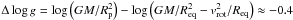 Mathematical equation: \hbox{$\Delta\log g= \log\zav{GM/R_\text{p}^2}-\log\zav{GM/R_\text{eq}^2-v_\text{rot}^2/R_\text{eq}} \approx-0.4$}