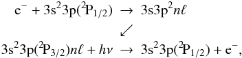 Mathematical equation: \begin{eqnarray*} {\rm e^- + 3s^23p(^{2\!}P_{1/2})} & \rightarrow & {\rm 3s3p^2}n\ell \\ & \swarrow & \\ {\rm 3s^23p(^{2\!}P_{3/2})}n\ell + h\nu & \rightarrow & {\rm 3s^23p(^{2\!}P_{1/2})+ e^-}, \end{eqnarray*}