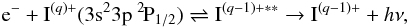 Mathematical equation: \begin{eqnarray} \label{Eq:DR} {\rm{e}}^{-} + {\rm{I}}^{(q)+}(3{\rm s}^{2}3{\rm p}\ ^{2\!}{\rm P}_{1/2}) \rightleftharpoons {\rm{I}}^{(q-1)+\ast\ast} \rightarrow {\rm{I}}^{(q-1)+} + h\nu , \end{eqnarray}