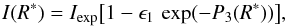 Mathematical equation: \begin{equation} I(R^*) = I_{\rm exp} \big[1-\epsilon_1\,\exp(-P_3(R^*))\big], \label{eq:p96a} \end{equation}