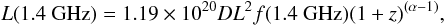 Mathematical equation: \begin{equation} L(1.4~{\rm GHz})=1.19\times 10^{20} DL^2 f(1.4 ~{\rm GHz}) (1+z)^{(\alpha-1)}, \end{equation}