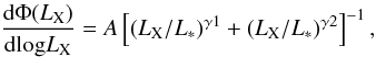 Mathematical equation: \begin{equation} \frac{{\rm d} \Phi (L_{\rm X})}{{\rm d log} L_{\rm X}} = A \left[(L_{\rm X}/L_{*})^{\gamma 1} + (L_{\rm X}/L_{*})^{\gamma 2}\right]^{-1}, \end{equation}