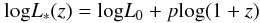 Mathematical equation: \begin{equation} {\rm log}L_*(z)={\rm log}L_0+p{\rm log}(1+z) \end{equation}