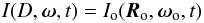 Mathematical equation: \begin{equation} I(D, {\vec \omega}, t) = I_{\rm o}({\vec R}_{\rm o}, {\vec \omega}_{\rm o}, t) \label{eq:radintens} \end{equation}