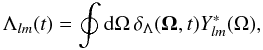 Mathematical equation: \begin{equation} \Lambda_{lm}(t) = \oint {\rm d} \Omega\, \delta_\Lambda ({\vec \Omega},t) Y^\ast_{lm} (\Omega), \label{eq:lamlm} \end{equation}