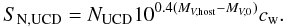 Mathematical equation: \begin{equation} S_{\rm N,\rm UCD} = N_{\rm UCD} 10^{0.4 (M_{V,\rm host}-M_{V,0})} c_{\rm w}. \label{sndef} \end{equation}
