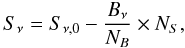 Mathematical equation: \begin{equation} S_\nu = S_{\nu, 0} - \frac{B_\nu}{N_B} \times N_S , \label{eq:flux} \end{equation}