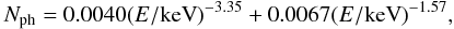 Mathematical equation: $$ N_{\rm ph} = 0.0040(E/{\rm keV})^{-3.35} + 0.0067(E/{\rm keV})^{-1.57}, $$
