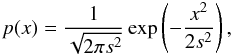 Mathematical equation: \begin{equation} p(x) = \frac{1}{\sqrt{2\pi s^2}}\exp\left(-\frac{x^2}{2s^2}\right), \label{eq:std_gauss} \end{equation}