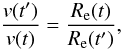 Mathematical equation: \begin{equation} \frac{\veq(t')}{\veq(t)} = \frac{R_{\rm e}(t)}{R_{\rm e}(t')}, \label{veq_difveq} \end{equation}