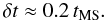 Mathematical equation: \begin{equation} \delta t \approx 0.2\,t_{\rm MS}. \label{tscale} \end{equation}
