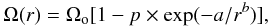 Mathematical equation: \begin{equation} \Omega(r) = \Omega_\mathrm{o}[1-p\times\exp(-a/r^b)], \label{omega_r} \end{equation}