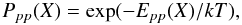 Mathematical equation: \begin{equation} P_{pp}(X) = \exp(-E_{pp}(X) / kT), \end{equation}