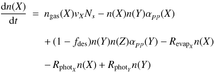 Mathematical equation: \begin{eqnarray} \frac{{\rm d}n(X)}{{\rm d}t} &=&n_{\rm gas}(X) v_X N_s-n(X) n(Y) \alpha_{pp}(X) \nonumber \\[3mm] & &+\, (1-f_{\rm des}) n(Y) n(Z) \alpha_{pp}(Y) -R_{{\rm evap}_X} n(X) \nonumber \\[3mm] & &-\, R_{{\rm phot}_X} n(X)+R_{{\rm phot}_Y} n(Y) \end{eqnarray}