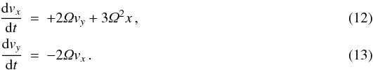 Mathematical equation: \begin{eqnarray} \frac{\de v_x}{\de t} &=& +2 \varOmega v_y + 3 \varOmega^2 x \, , \\ \frac{\de v_y}{\de t} &=& -2 \varOmega v_x \, . \end{eqnarray}
